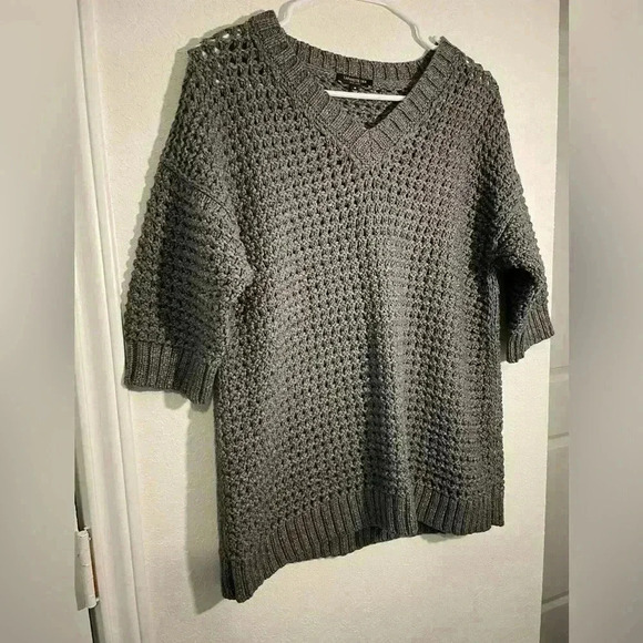 Lafayette 148 Gray Heavy Cotton Open Knit Chunky Short Sleeve V Neck Sweater - Picture 4 of 7